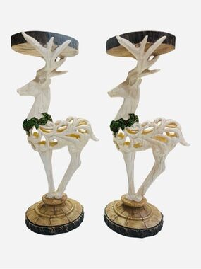 Vintage Christmas Deer Candle Holders Set of 2 | 12” Resin Reindeer Pillar